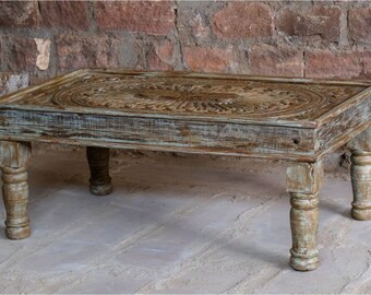 Antique Coffee Table, Beige Wooden Carved Hand Carved Rustic Wood Chai Tables, Cocktail Table, Interior Design 46x29x19