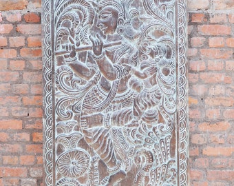 Vintage Handcarved Fluting KRISHNA Radha Carving Panel Old WORLD ELEMENTS Wall Sculpture, Barn Door Yoga Room Decor 84x36