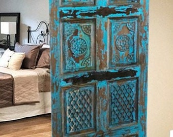 Rustic Farmhouse Vintage Sliding Doors, Blue Distressed Wood BARNDOORS, "Maze of Stars" Carved Barn Doors, Headboard, Home Decor 80x30