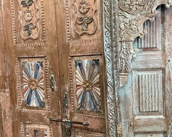 Rustic Vintage Style Doors With Frame, Antique Indian Doors, Hand Carved Wooden Doors, Old World Architecture Elements CLEARANCE SALE