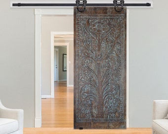 Tree of Life Carved Door, Vintage Wood Barn Door, Dusty Blue Sliding Door, Wellness Wall Art, Kalpavrikha India Carved Door, Studio96