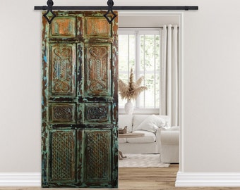 Rustic Ornate Indian Door, Sage Green Ornate Door Panel, Artistic Barn Doors, Vintage Sliding Door, Architectural Unique Eclectic Decor, 96