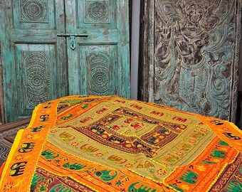 Rhapsody Decor Tapestry, Orange Green Elephant Design Embroidered Bed Throw, Headboard Indian Tapestry, Wall Hanging, Vintage Bohemian Decor