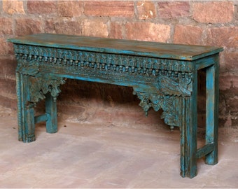 Blue Sofa table, Vintage Wood Carved Console Table, Hall Table Handcrafted Floral Design Entryway Accent Reclaimed Rustic Furniture