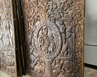 Antique Fluting Krishna Radha Kalpavriksha Celebration of Life Carving Vintage Wood Carved Teak Headboard Indian Wall Sculpture, Queen
