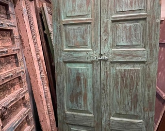 Indian Antique Door, Eclectic Farmhouse Design, Turquoise Hand Carved Doors, Thousand Petalled Lotus Teak Door Panels 80
