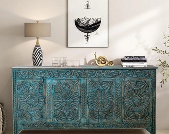 Teal blue Antique Inspired TV Credenza Cabinet, 4 Door Carved Wood Chest, Brass Stud Medallions, Sideboard Buffet 71