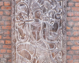 Vintage India Wood Handcarved GOVARDHAN KRISHNA Carving, Door Panel, Holistic, Wall Sculpture, Barn Door, 84x36