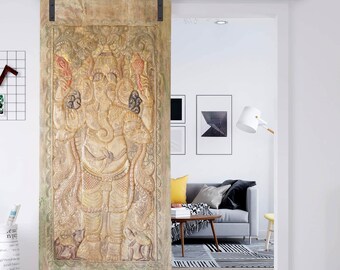 Blessing Ganesha Wall Sculpture, Kundalini Ganesh Carved India Art, Wellness, Vintage Hues Sliding Barn Door, Decorative Custom Door, 83x36