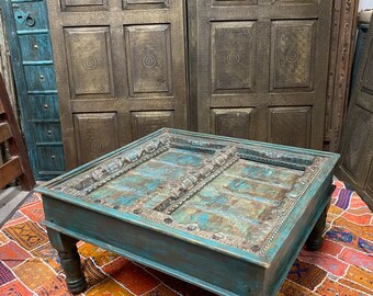 Antique Door Coffee Table, Turquoise Chai Table, Accent Table, Living Room Table, Unique Eclectic Interior, 43x36