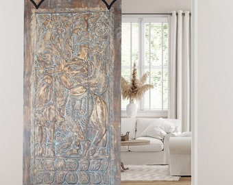 Krishna Carved Door, Barn Door, Antique Blue Fluting Krishna with Cow, Custom Door, Barndoor, Indian Temple Door, Yoga Door, 84x42