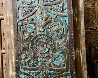 Bold Blue Sliding Barn Door, Lotus Mandala Carved Wall Art, Headboard, Eclectic, Organic Barndoor, Interior Design 80x36