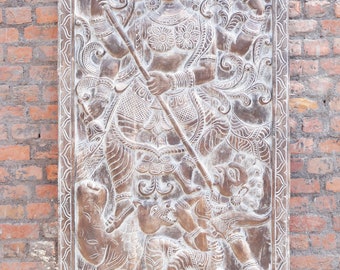 Vintage Wall Sculpture Goddess Durga Fighting with Evil Powers, Mahishasurmardini, Hand Carved Barn Door Panel