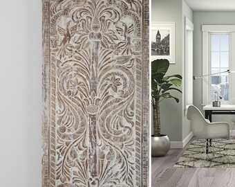 Custom Tree of Life Carved Art, Vintage Whitewashed Sliding Barn Door, Nature Carved, Barndoor, Bold, Eclectic, Organic, Mindful Art 83x36