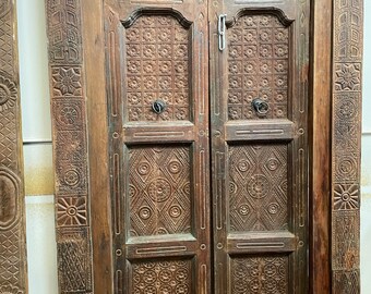 Antique India Carved Door, Intricate Carved Teak Haveli Door, Unique Eclectic Exterior, Interior Design, 82x58