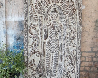 Vintage Buddha Carved Door, Standing Budha, Whitewash Hand Carved Rustic Barn Door, Custom Interior Sliding Door, Wall Art, Yoga 72x36