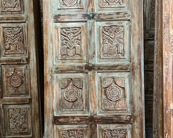 Artistic Carved Sliding Barn Door, Carved Blue Doors, Interior Door, Vintage Organic Door, Barndoor, Custom, Studio, Bedroom Doors, 80x36