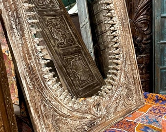 Indian Handcarved wooden Mirror, Distressed Rustic Finish, Intricately Hand Carved Indian Wall Mirror, home furniture, Haveli style Mirror