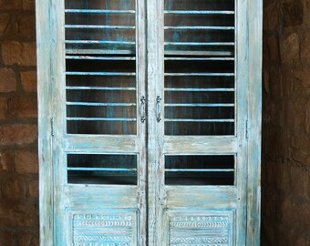 Antique Blue  Iron Jali Tall Cabinet Rustic Armoire Wine Chest, Accent Armoire, Unique Hand Carved Reclaimed Wood Storage Farmhouse Decor