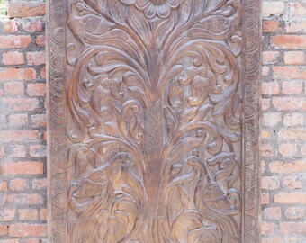 Vintage Tree of Dreams Wood Carved Panel, Barn Door Artisan Sculpture Wall Hanging, Decorative Panel Boho Farmhouse Decor 84