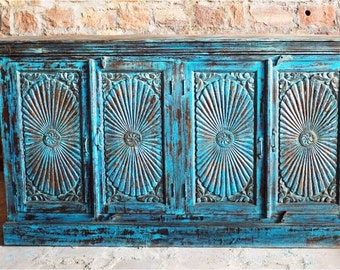 Vintage Rustic Sunrays Carved Blue Sideboard, Door Reclaimed Wood Handcrafted, Chest, Console, Media Chest, Buffet Storage Farmhouse Decor