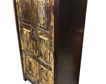 BOHO Rustic Hall Cabinet Carved Storage Armoire Resort Boutique Cottage Farmhouse Decor Furniture