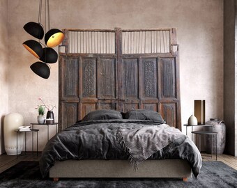 Antique Indian Carved Jali Doors, wood & iron doors, decorative entry door gates, Fortress Headboard, Medieval Rustic Teak Doors, 86x89