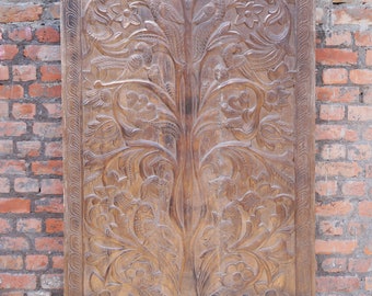 Vintage Carved Wood Panel, Sliding Door, Barn Door Artisan Tree of Dreams Sculpture Wall Hanging, Panel Farmhouse Interior Door 84x40