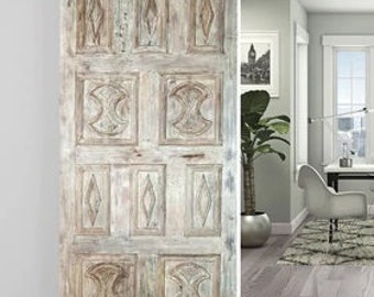 Rustic Farmhouse Vintage Sliding Doors, Limewash Distressed Wood BARNDOOR, Carved Panel, Wall Art Barn Doors, Headboard, Home Decor 80"