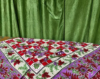 Picnic Blanket, Indi Boho Floral Paisley Bedspread, Red Green Block Printed Throw, 2 Handloom Cotton Pillows, Bed Cover, TABLECLOTH 100x90