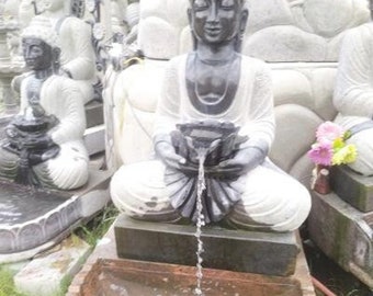 PRE ORDER-Natural Stone Buddha Garden Fountain Statue Handcarved Gray Granite Stone Garden Decor Sculpture