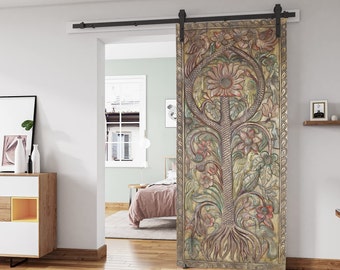 Tree of Life Sliding Barn Door, Rustic Vintage Wood Artistic Barndoors, Old World Carving Door Panel, Indian Carved Doors, Wall Art  83x36