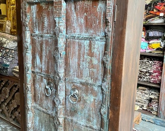 Antique Indian RUSTIC Blue Cabinet, Handcarved Armoire Carved Teak Wood Tall Chest, Statement Farmhouse Storage, Bohemian Decor 68x36