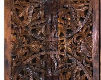 Vintage Wood Holistic Door, Lotus Mandala Lattice Carving Door Panel, Dark Tone Wall Art Barn Doors Headboard, Eclectic Decor 80