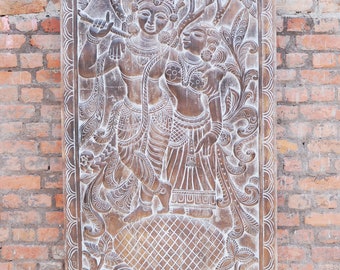 Vintage Carving Krishna Radha Barn Door Panel Old World Elements Hand Carved Wall Sculpture Panels 84x36