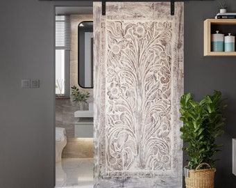 Tree of Life Carved Door, Whitewash Vintage Wood Barn Door, Sliding Door, Resort, Wellness Wall Art, Kalpavrikha India Carved Door, 83x36