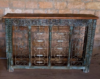 Antique Spanish Style Console Table Wrought Iron Carved TV Table Vintage Green Console Entryway Table, Hallway Accent Table, 64x42