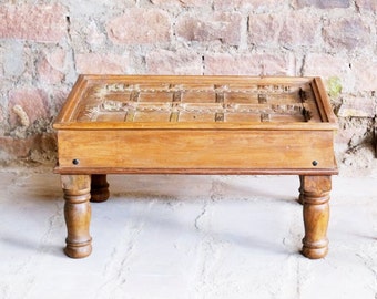 Antique Door Coffee Table, Hand Carved Haveli Window Brown Rustic Wood Chai Tables, Cocktail Table, Interior Design