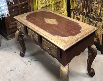 Moorish Coffee Table, Carved Coffee Table, Ornate Vintage Solid Wood Accent Table With Cabriole leg, Brass Cladded Table 36x25