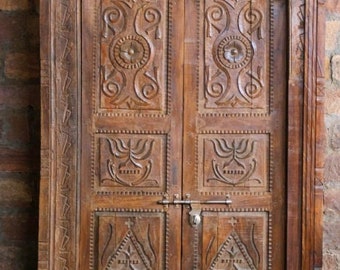 Antique India Carved Vintage Teak door, Old World Bedroom door, Wine Room, Master Closet, Architectural Decor 82x53