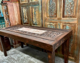 Antique Door Office Desk, Kitchen Table, Spanish Style, Distressed Stone Accent Table, Rustic Farmhouse, Ranch Country, Unique Eclectic