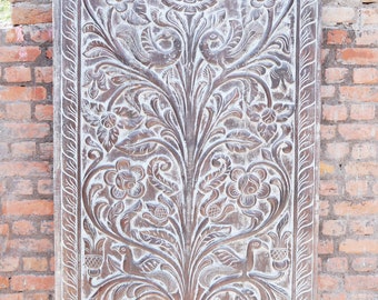 Vintage Door Panel,Barndoor, Hand Carved Wall Art, Beautiful Tree of Life Floral Bird Carved Wall Sculpture, Decorative Panel 84X40