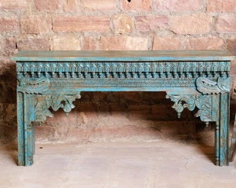 Blue Sofa table, Vintage Wood Carved Console Table, Hall Table Ornate Floral Design Entryway Reclaimed Unique Eclectic BLACK FRIDAY