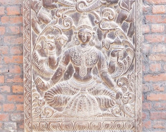Vintage Carved Door Panel Goddess Lakshmi With Elephants, Gajlaxmi Seated On A Lotus, Unique Hand Carved Wall Art Panel