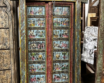 Antique Indian Door, Rustic Boho Blue Painted Garden Doors, Vintage Teak, Exterior Doors, Unique Eclectic Statement Decor