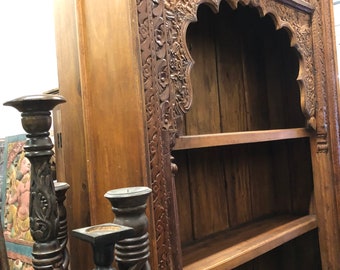 Unique Carved Bookcase, Arched Display Case, Intricate Carved Tall Display, Carved Wood Book Shelf Boho Farmhouse Home Decor