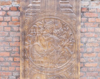 Boho Vintage Carving Krishna Radha Barn Door Panel Fluting KRISHNA Door Panel Wall Art,Hand Carved Wall Sculpture Panel 84x36