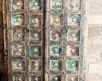 Antique Doors, Vintage Old Indian Door, Indian Haveli Doors, Brass Patina Wooden Door, Boho Farmhouse Door, Garden Doors 80x42