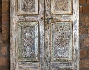 Antique Rustic Farmhouse Design Indian Teak Door, Barndoor, Thousand Petals Lotus Carved Barn Doors, Whitewashed Hand Carved Doors, 80