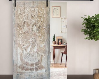 Vintage Whitewashed Krishna Wall Art, Carved Dancing Krishna on Lotus, Barndoor, Artistic Temple Door, CUSTOM Studio Barn Door 83X36